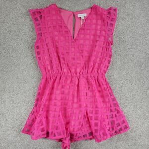 She + Sky Romper Womens L Bright Pink Windowpane Sleeveless V-Neck Lined New